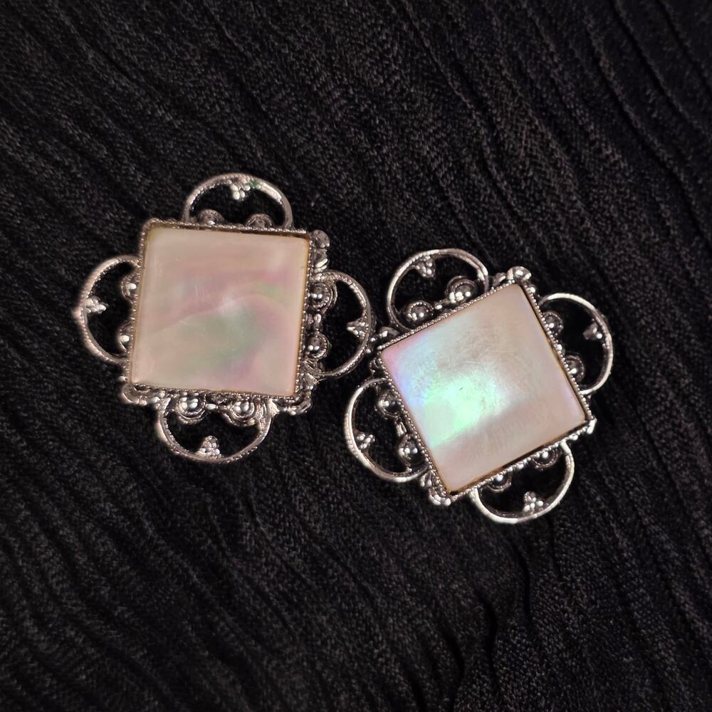 Vintage Mother of Pearl Clip On Earrings Silver Tone Filigree Square Ornate
